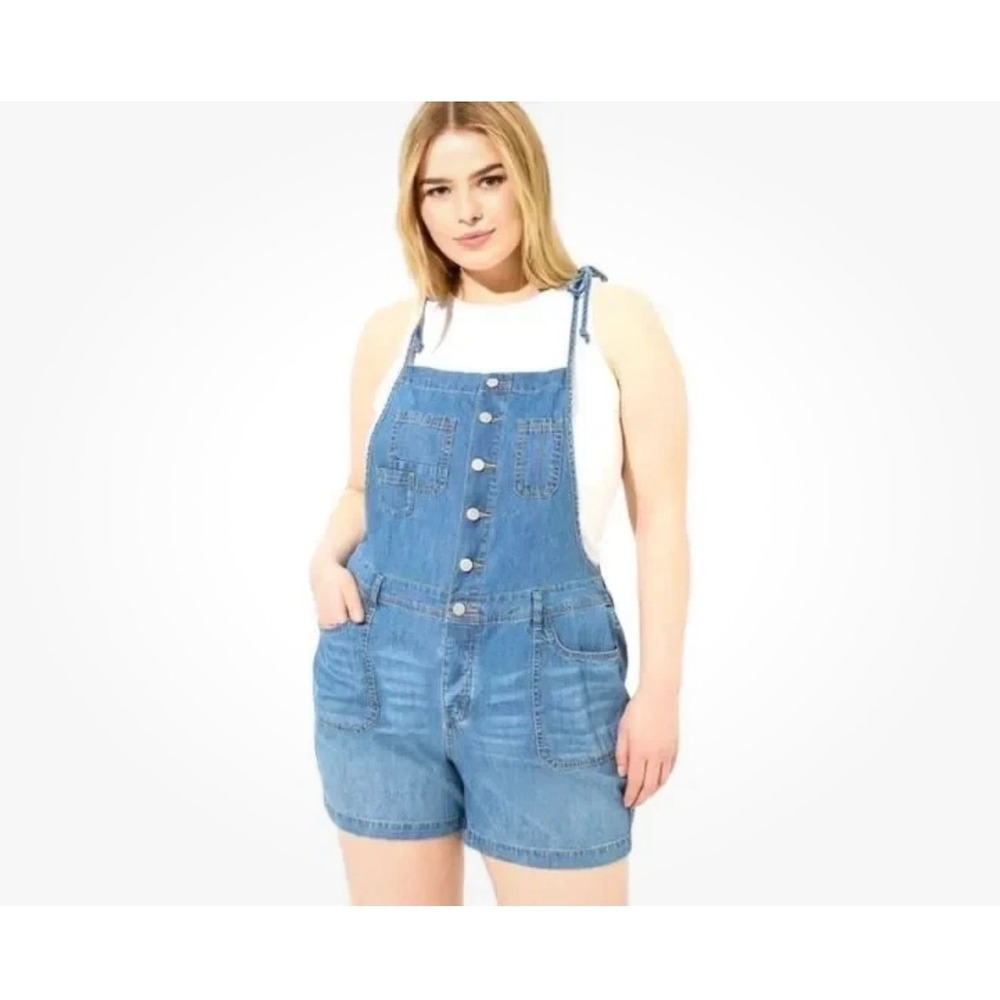 Torrid Womens 18 Denim short overalls Button Front Tie Strap Summer Beach Casual